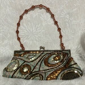 Elegant Vintage Beaded Clutch with Gold and Brown Accents